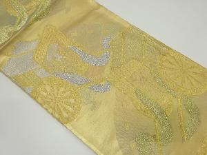 アンティーク　よしせい織物製　桧扇に御所車模様織り出し袋帯（材料）